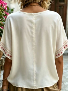 Selamara [Printed Design] Plus Size Women's Fashion Deep V-Neck Placed Print Short Sleeve Top - White - View 3