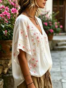 Selamara [Printed Design] Plus Size Women's Fashion Deep V-Neck Placed Print Short Sleeve Top - White - View 4