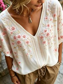 Selamara [Printed Design] Plus Size Women's Fashion Deep V-Neck Placed Print Short Sleeve Top - White - View 5
