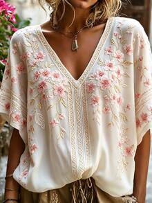 Selamara [Printed Design] Plus Size Women's Fashion Deep V-Neck Placed Print Short Sleeve Top - White - View 6