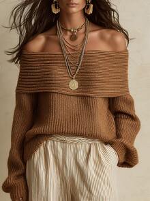 LUMIGAL Women's Solid Color Off-Shoulder Casual Daily Knit Top - Brown - View 4