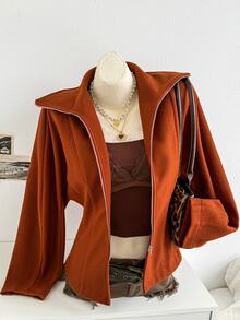 Soleia Mantel Polos dengan Kerah Resleting - Rust Brown - View 10