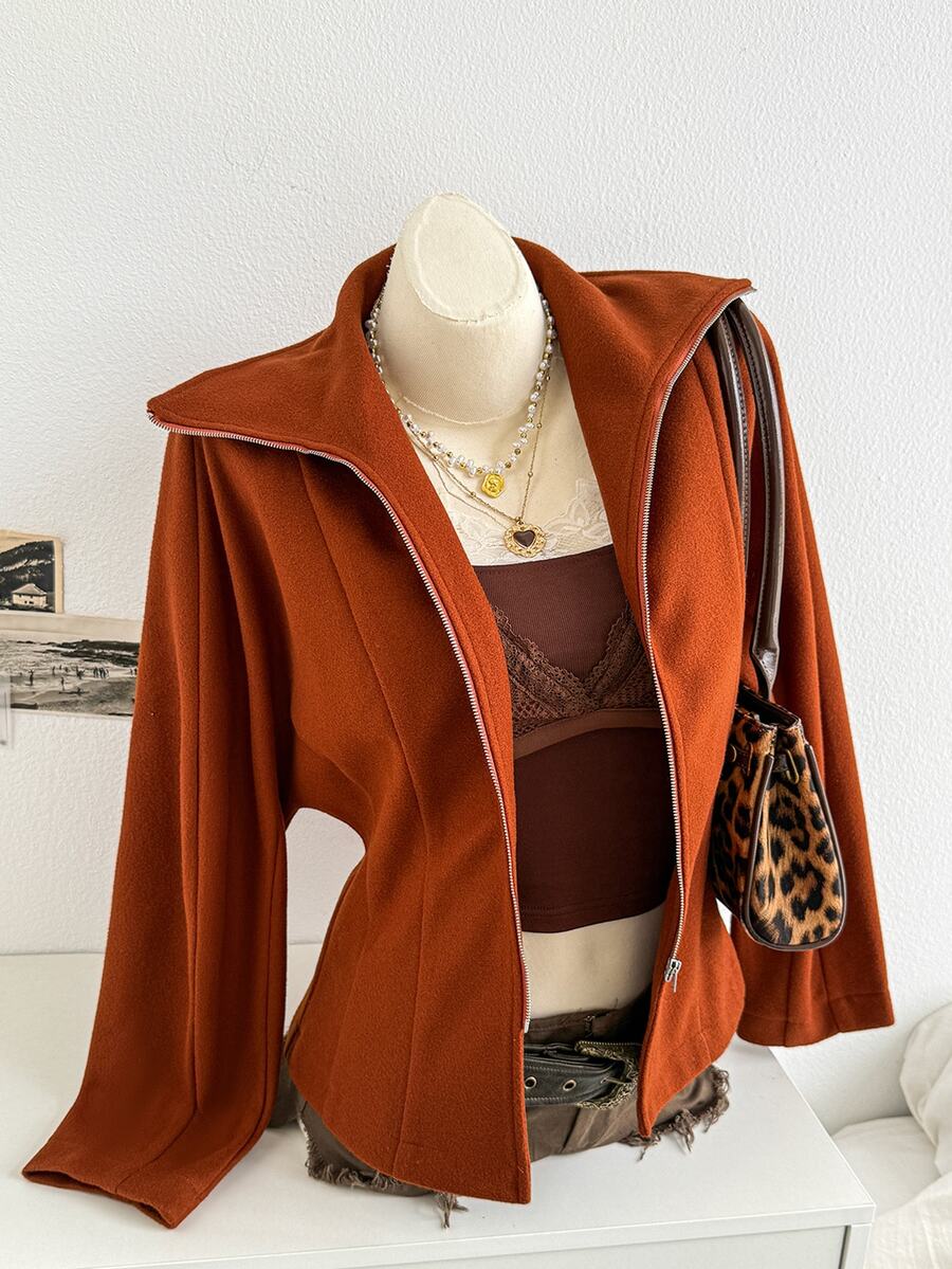 Soleia Mantel Polos dengan Kerah Resleting - Rust Brown - View 1