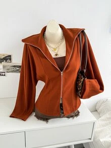 Soleia Mantel Polos dengan Kerah Resleting - Rust Brown - View 5