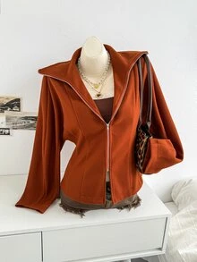 Soleia Mantel Polos dengan Kerah Resleting - Rust Brown - View 6