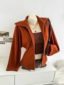 Soleia Mantel Polos dengan Kerah Resleting - Rust Brown - View 4