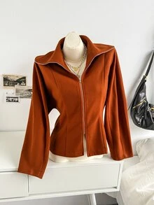 Soleia Mantel Polos dengan Kerah Resleting - Rust Brown - View 8