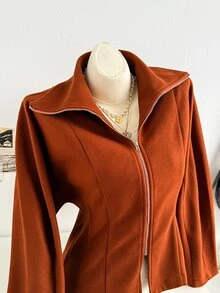 Soleia Mantel Polos dengan Kerah Resleting - Rust Brown - View 7