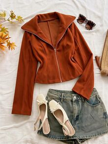 Soleia Mantel Polos dengan Kerah Resleting - Rust Brown - View 3