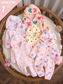 SHEIN Cute Autumn/Winter Fluffy Heart Pattern Hooded Jumpsuit - Pink - View 2