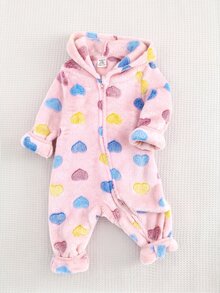 SHEIN Cute Autumn/Winter Fluffy Heart Pattern Hooded Jumpsuit - Pink - View 3