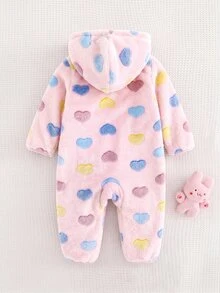 SHEIN Cute Autumn/Winter Fluffy Heart Pattern Hooded Jumpsuit - Pink - View 7
