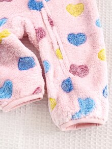 SHEIN Cute Autumn/Winter Fluffy Heart Pattern Hooded Jumpsuit - Pink - View 5