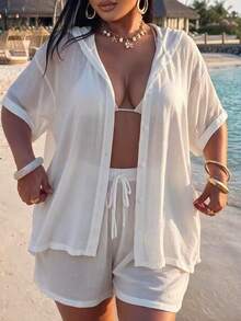 SHEIN Swim Set Baju Renang Penutup dan Celana Pendek Ukuran Plus Terbaru 2026, Gaya Liburan Elegan - Putih - View 3