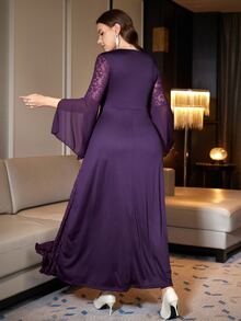SHEIN Clasi Women's Plus Size Elegant Party Dress With Long Sleeves, Slit And Rhinestone Waist Decor - Purple - View 3