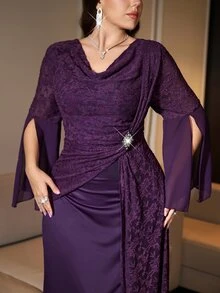 SHEIN Clasi Women's Plus Size Elegant Party Dress With Long Sleeves, Slit And Rhinestone Waist Decor - Purple - View 2