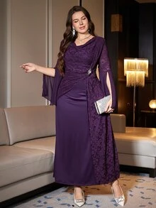 SHEIN Clasi Women's Plus Size Elegant Party Dress With Long Sleeves, Slit And Rhinestone Waist Decor - Purple - View 7