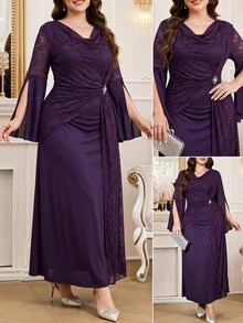 SHEIN Clasi Women's Plus Size Elegant Party Dress With Long Sleeves, Slit And Rhinestone Waist Decor - Purple - View 8