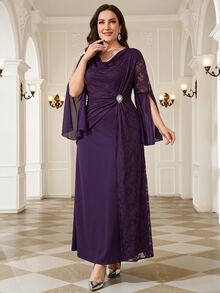 SHEIN Clasi Women's Plus Size Elegant Party Dress With Long Sleeves, Slit And Rhinestone Waist Decor - Purple - View 9