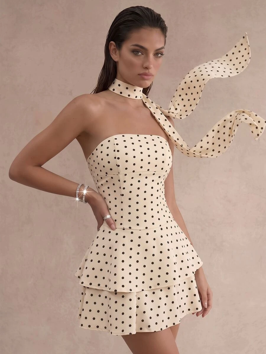 Zolique Women's Elegant Polka Dot Pattern Ruffle Hem Tube Mini Dress,Halloween Club Night Out,Christmas