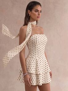 Zolique Women's Elegant Polka Dot Pattern Ruffle Hem Tube Mini Dress,Halloween Club Night Out,Christmas - Multicolor - View 4