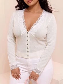 CovetEZ Autumn/Winter Lace Patchwork V-Neck Slim Fit Plus Size Cardigan Sweater - Beige - View 5
