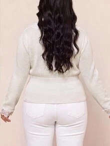 CovetEZ Autumn/Winter Lace Patchwork V-Neck Slim Fit Plus Size Cardigan Sweater - Beige - View 3