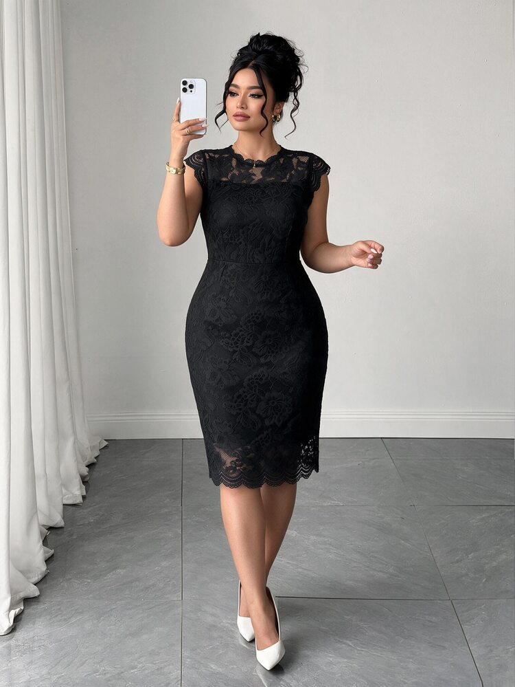 Elenzga Plus Size Sleeveless Fitted Eyelash Lace Trim Dress - Black - View 6