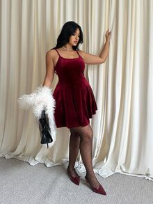 GalTyme Plus Size Spaghetti Strap Backless Solid Color Ruched Jumpsuit - Burgundy - View 3