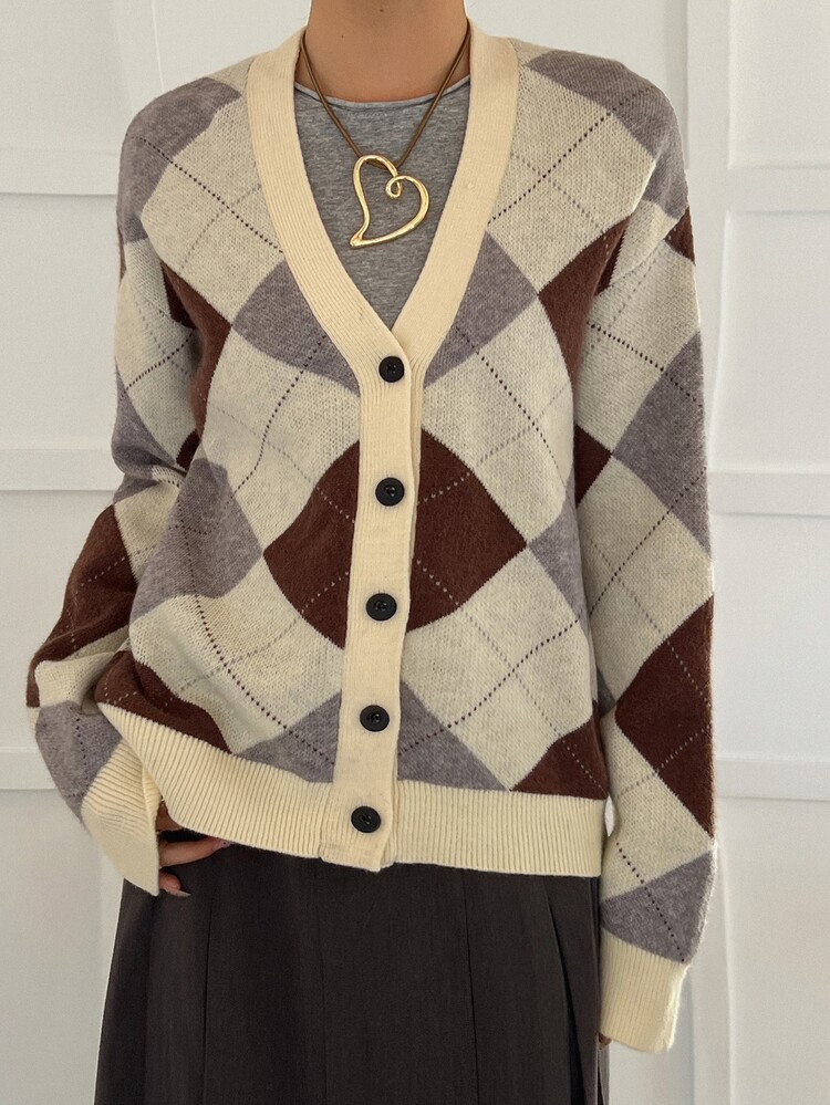 DAZY Women's Cardigan Color Block Plaid Knit Jacket Casual, Elegant, Preppy, Vintage, Street, Urban, Casual Winter - Apricot - View 2