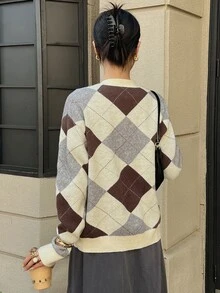 DAZY 女款拼色格紋針織開襟外套，休閒優雅學院風復古街頭都市冬季夾克 - 杏色 - 查看 5