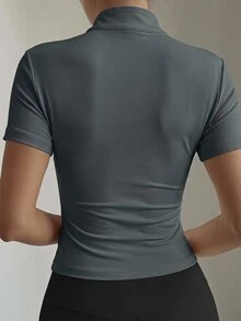 DAZY Spring Summer Green Slim Fit Short Sleeve Stand Collar Zip-Up T-Shirt Jacket - Grey - View 2