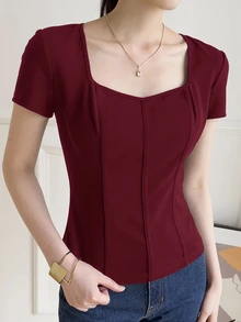 Feyla Women's Solid Color Fitted Casual Daily Short Sleeve T-Shirt - Burgundy - View 5