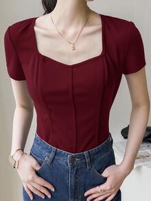 Feyla Women's Solid Color Fitted Casual Daily Short Sleeve T-Shirt - Burgundy - View 4