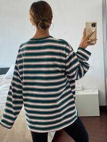 Livesso 女士条纹宽松长袖圆领T恤，秋季服装 - 綠色 - 查看 2