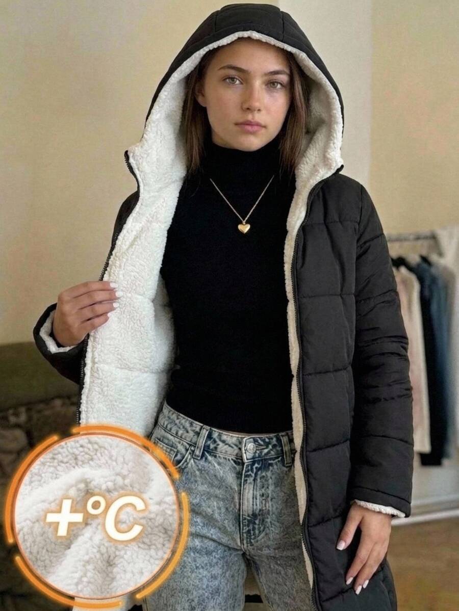 SHEIN Teen Girl Hooded Thermal Lined Long Coat Black And White Winter Cargo Baggy - Black - View 1