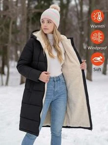 SHEIN 青少年女孩連帽保暖內裡長版大衣 黑白配色 冬季工裝寬鬆款 - 黑色 - 查看 1
