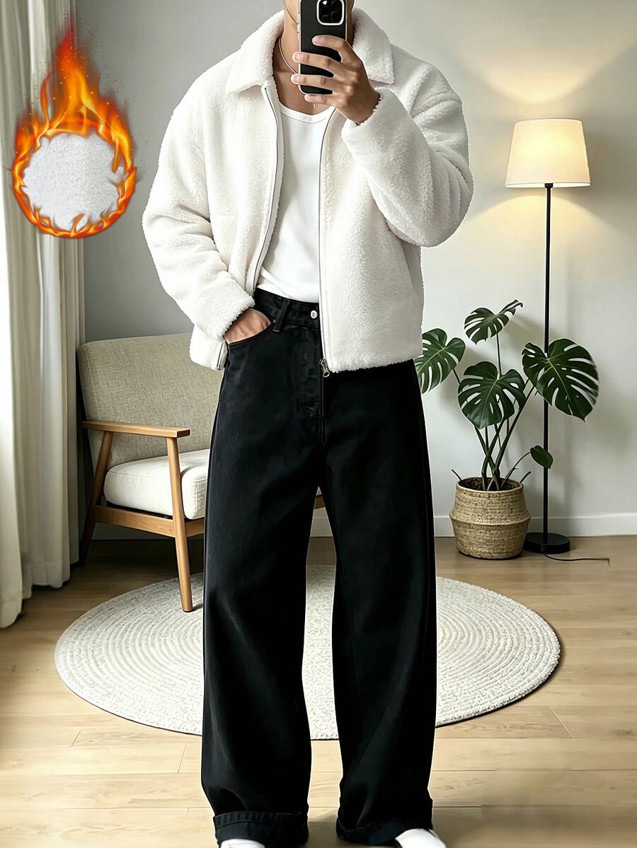 Manfinity CasualCool 男士純色長袖拉鍊休閒夾克 - 白色 - 查看 1