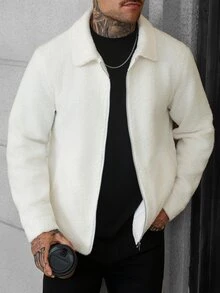 Manfinity CasualCool Men's Solid Color Long Sleeve Zip-Up Casual Jacket - White - View 3