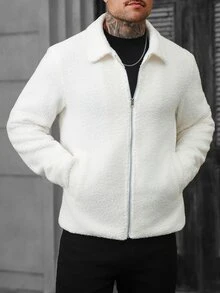 Manfinity CasualCool Men's Solid Color Long Sleeve Zip-Up Casual Jacket - White - View 5