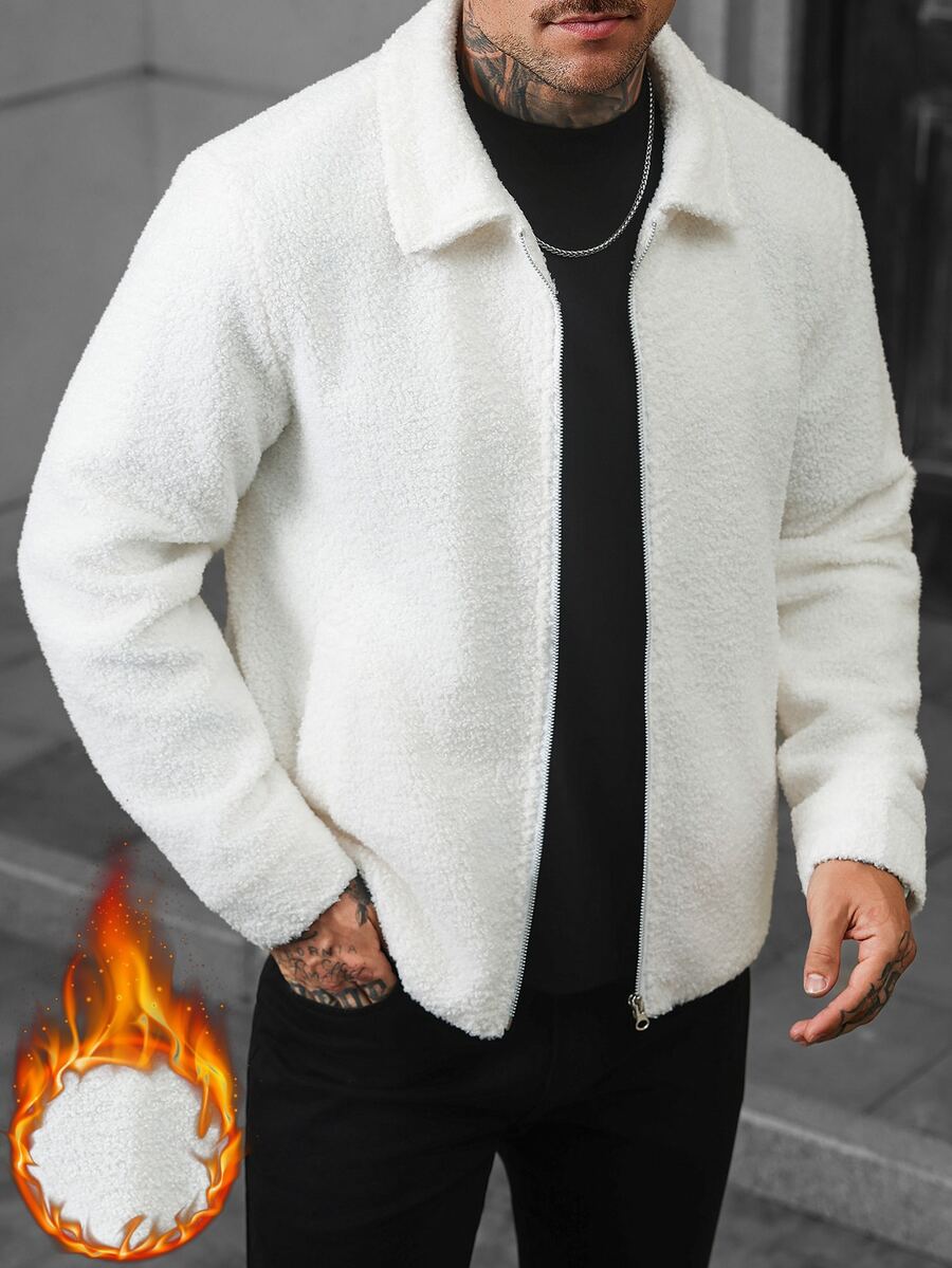 Manfinity CasualCool Men's Solid Color Long Sleeve Zip-Up Casual Jacket - White - View 1