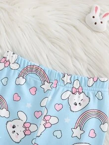 SHEIN 女嬰可愛兔子與彩虹圖案冷色調長袖圓領套頭上衣與彈性腰部內搭褲2件式居家服套裝 - 藍色 - 查看 5