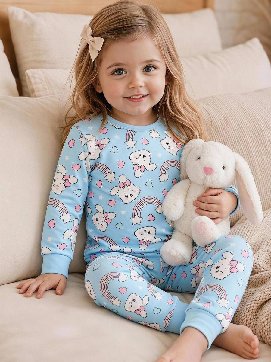 SHEIN Baby Girl Cute Rabbit & Rainbow Pattern Cool Tone Long Sleeve Crew Neck Pullover Autumn Winter Top & Elastic Waist Leggings 2-Piece Loungewear Set - Blue - View 1