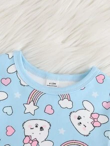 SHEIN 女嬰可愛兔子與彩虹圖案冷色調長袖圓領套頭上衣與彈性腰部內搭褲2件式居家服套裝 - 藍色 - 查看 4
