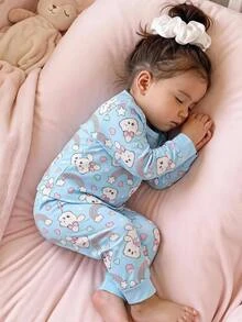 SHEIN 女嬰可愛兔子與彩虹圖案冷色調長袖圓領套頭上衣與彈性腰部內搭褲2件式居家服套裝 - 藍色 - 查看 1