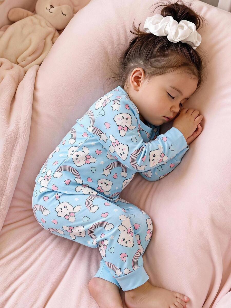 SHEIN 女嬰可愛兔子與彩虹圖案冷色調長袖圓領套頭上衣與彈性腰部內搭褲2件式居家服套裝 - 藍色 - 查看 1