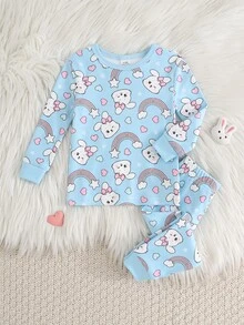 SHEIN 女嬰可愛兔子與彩虹圖案冷色調長袖圓領套頭上衣與彈性腰部內搭褲2件式居家服套裝 - 藍色 - 查看 3