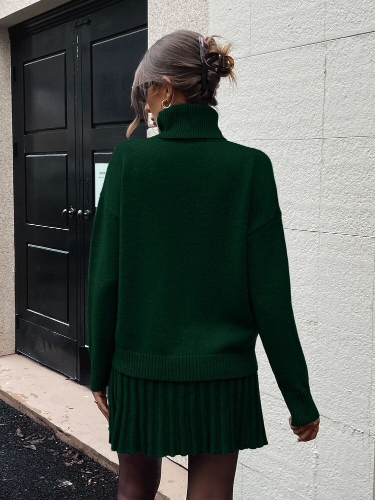 SHEIN Clasi 2pcs Women Grey Turtleneck Knit Sweater Set - Green - View 2