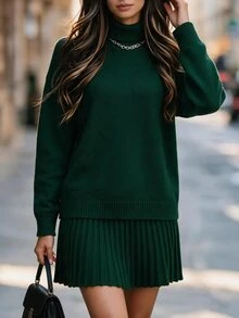 SHEIN Clasi 2pcs Women Grey Turtleneck Knit Sweater Set - Green - View 1