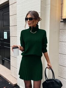 SHEIN Clasi 2pcs Women Grey Turtleneck Knit Sweater Set - Green - View 5